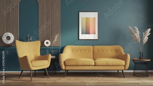 Fototapeta Vibrant yellow sofa and chair near teal wall with poster frame. Scandinavian interior design of modern living room..