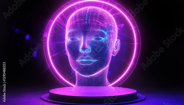 Fototapeta Humanoid head of a robot cyborg inside the glowing pink circle on a podium. Concept of futuristic technology, AI artificial intelligence.  