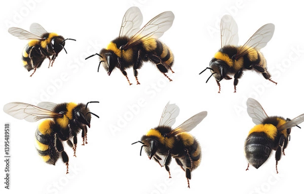 Fototapeta Realistic photo of bumblebees flying, transparent background