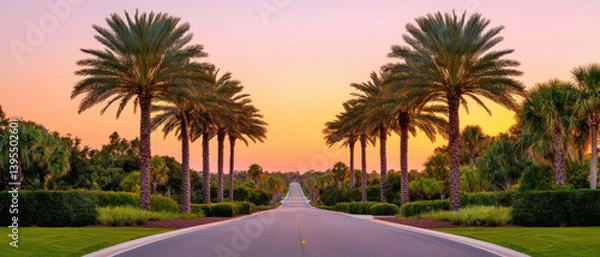 Fototapeta serene boulevard lined with symmetrical palm trees, glowing in sunset warm hues
