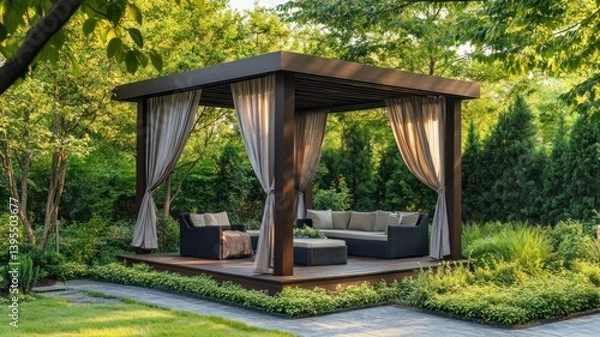 Fototapeta Elegant outdoor gazebo with curtains and comfortable seating in a lush garden.