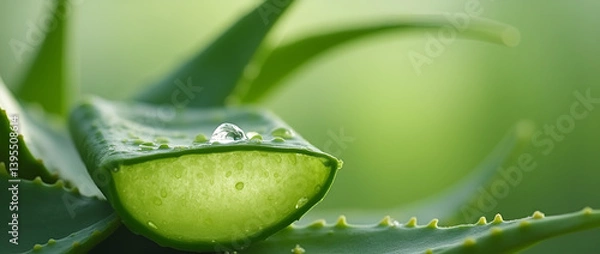 Obraz Close-up shot of a cut aloe vera leaf with water droplets on a soft green background. Fresh, natural and vibrant. 