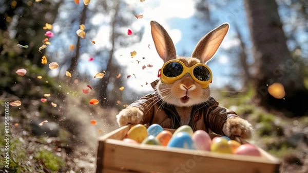 Fototapeta Playful Easter Bunny with Sunglasses and Crate of Eggs with copy space