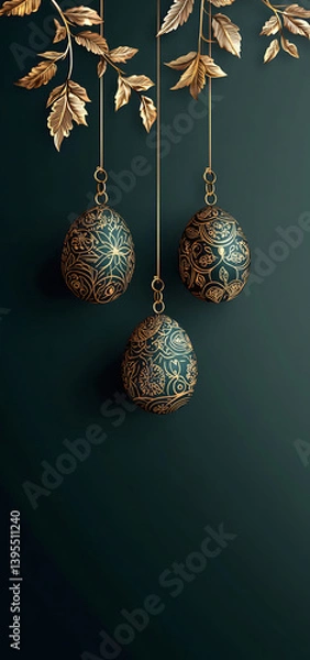 Fototapeta Happy Easter digital artwork with golden decorated eggs on dark floral background, Happy Easter concept