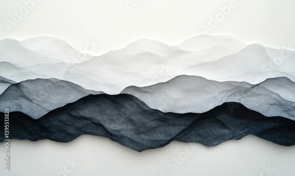 Fototapeta Monochromatic paper layers create an abstract mountain range, showcasing depth and serene beauty.