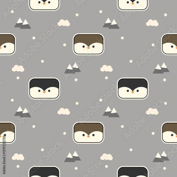 Obraz Face penguin square cartoon so cute. On mountain cloud snow gray background. Pattern seamless vector illustration. 