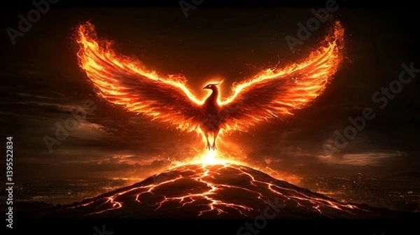 Obraz Phoenix rising from volcano mythical creature digital art fiery environment dramatic viewpoint