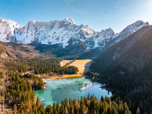 Obraz Laghi di Fusine with beautiful reflections of Mangart mountain, Italy, Tarvisio