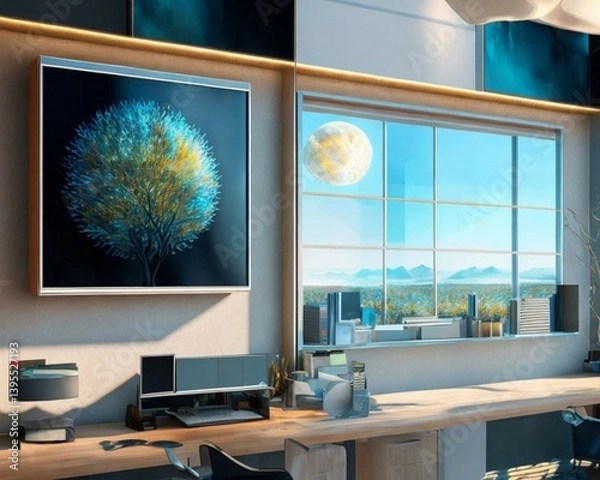 Fototapeta Modern Meeting Room with Big Conference Table with Various Documents and Laptops on it, Company's Growth, Statistics and Pie Charts.