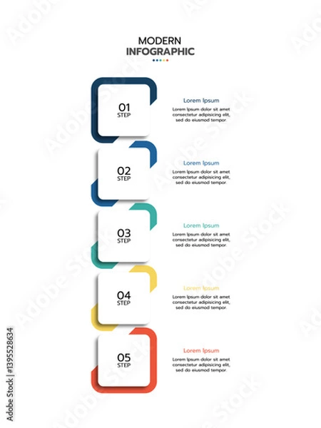 Obraz 5 Elements placed in vertical row. Concept of 5 successive steps of project development process. Flat infographic design template. Simple vector illustration for business analytics.