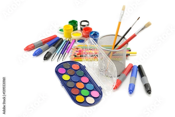 Obraz Set of paints pencils markers for creativity isolated on white