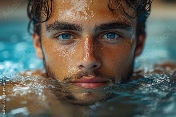 Fototapeta Man inside a swimming pool leans against the edge looking into camera 