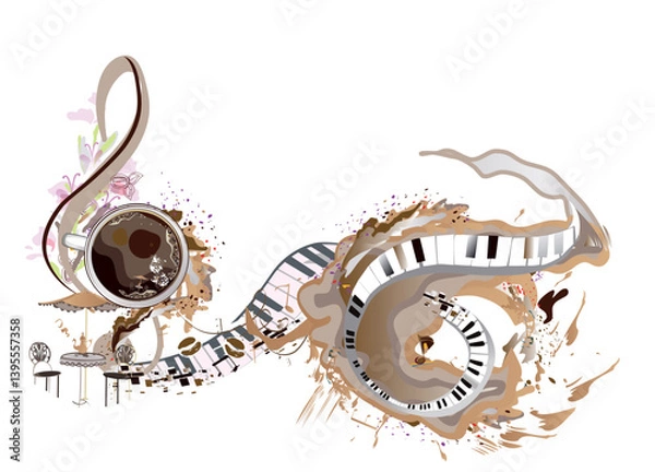 Obraz Coffee music. Abstract treble clef decorated with coffee wave, beans and a cup. Hand drawn vector illustration.