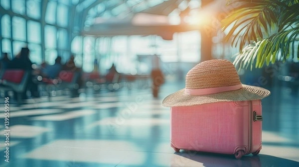 Obraz A pink suitcase with a straw hat, ready for a summer vacation in an airport terminal.