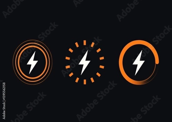Fototapeta Abstract design featuring three lightning bolt icons in a dark background, showcasing energy and power concepts with vibrant colors.