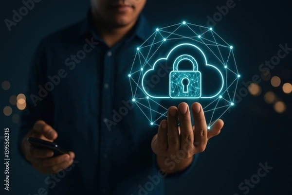 Fototapeta A person holds a glowing digital representation of a cloud lock, symbolizing cybersecurity and data protection.