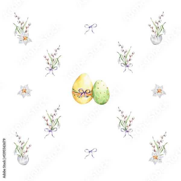 Obraz Pattern with a colorful eggs and a bouquets of snowdrop, willows and daffodil on a white background.