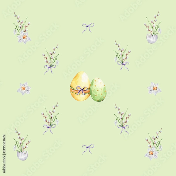 Obraz Pattern with a colorful eggs and a bouquets of snowdrop, willows and daffodil on a green background.