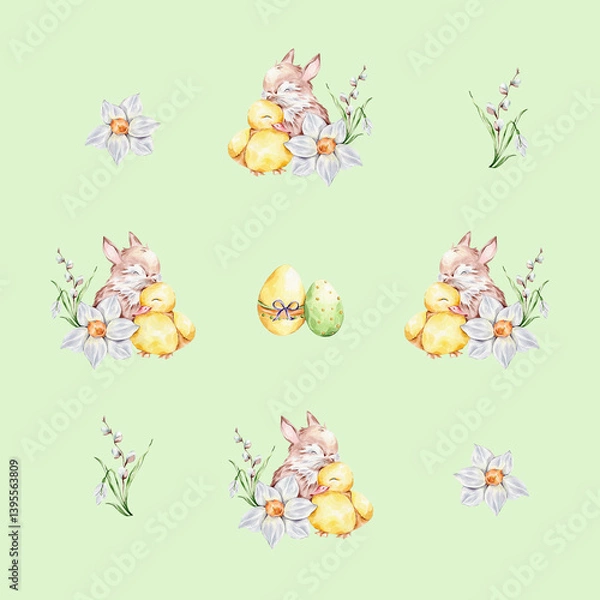 Obraz Pattern with a baby rabbit and a duckling hugging, colorful eggs and a bouquet of snowdrop, willows and daffodil on a green background.
