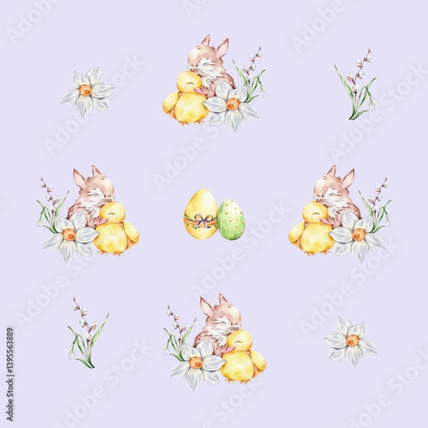 Obraz Pattern with a baby rabbit and a duckling hugging, colorful eggs and a bouquet of snowdrop, willows and daffodil on a white background.