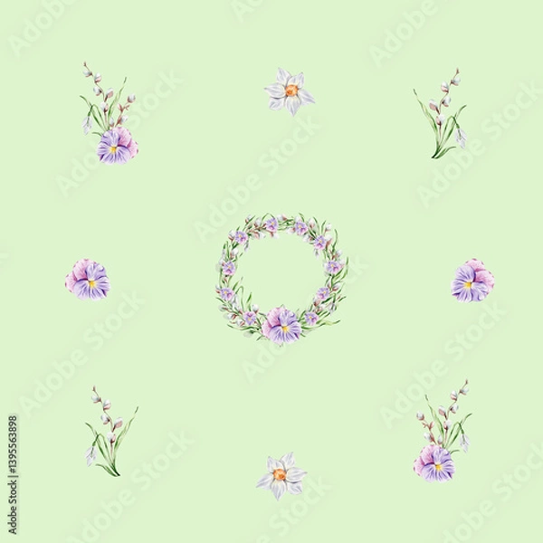 Obraz Pattern with a wreath of violets, snowdrops and willow, individual floral elements on a green background.