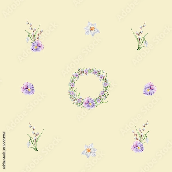 Obraz Pattern with a wreath of violets, snowdrops and willow, individual floral elements on a yellow background.
