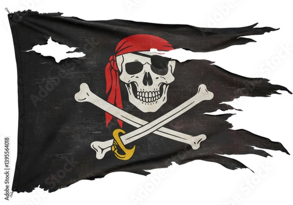 Fototapeta Isolated Tattered Pirate Flag with Skull and Crossbones