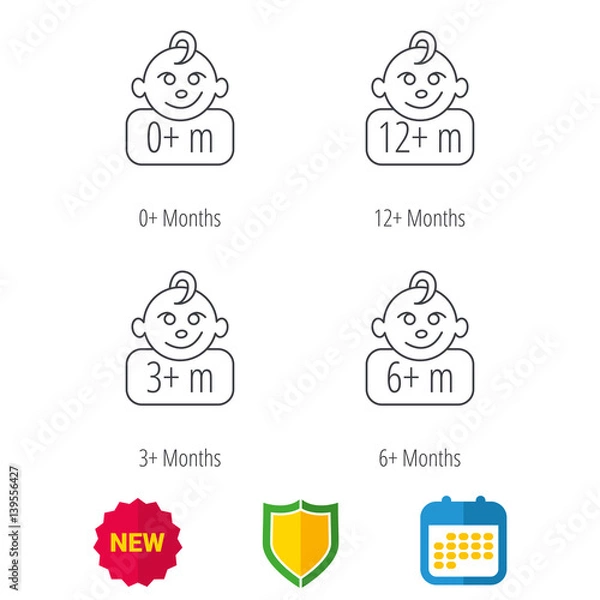 Fototapeta Infant child, 0 months child and toddler baby icons. 0-12 months child linear sign. Shield protection, calendar and new tag web icons. Vector