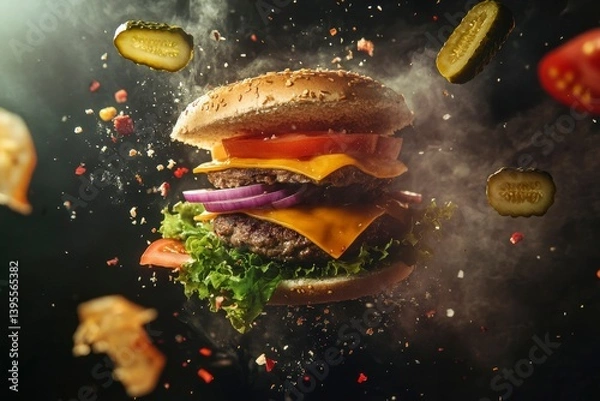 Obraz Artistic burger explosion shot - deconstructed layers floating mid-air: juicy patty, melting cheese, pickles, tomato slices, red onions, lettuce and bun, dynamic composition, vivid colors