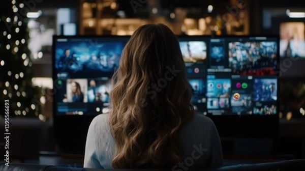 Obraz Woman watching a large screen displaying various media content in a cozy, modern living room
