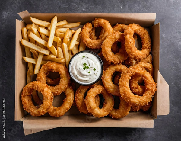 Fototapeta Golden Onion Rings and Fries with Dipping Sauce