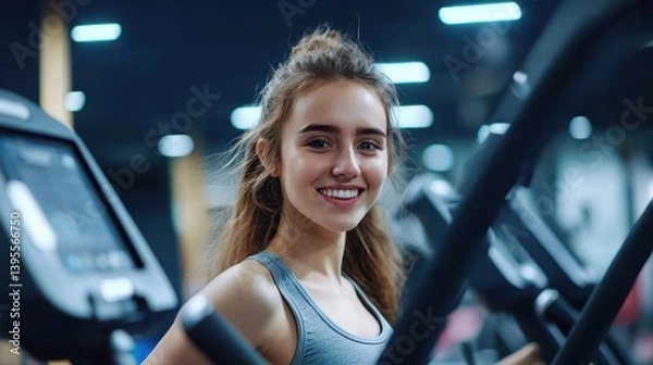 Obraz Young woman smiling while exercising on an elliptical machine in a modern gym environment