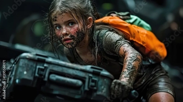 Obraz A muddy child with an orange backpack struggles to carry a black case in a rugged outdoor setting