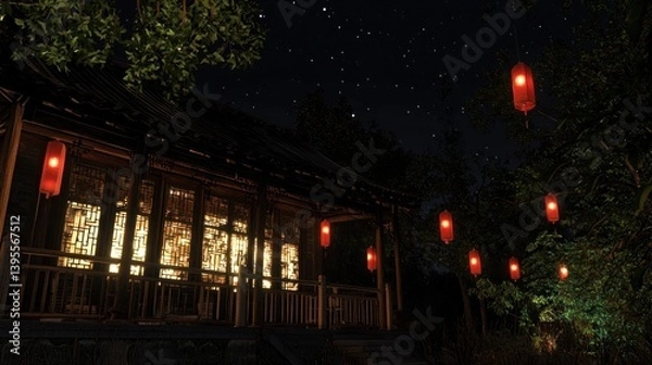 Obraz Serene night scene of a traditional house illuminated by red lanterns under a starry sky