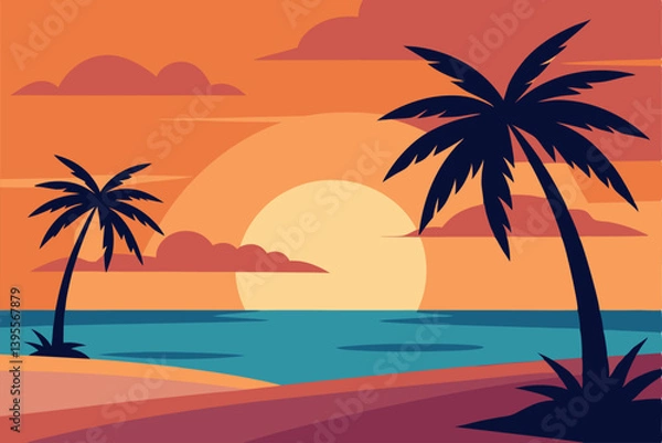 Obraz beach-at-sunset-with-palm-trees-casting-long-sha
