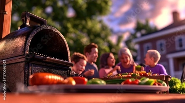 Obraz Family gathering around a barbecue grill enjoying a summer cookout in a backyard setting
