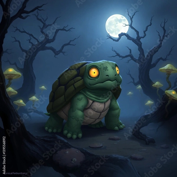 Fototapeta Cartoon zombie turtle wandering through a mysterious, misty landscape