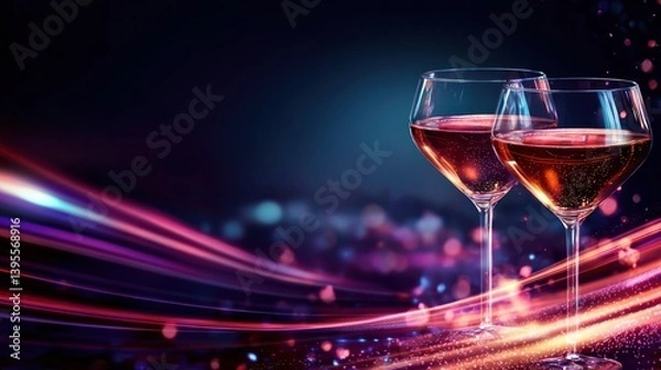 Obraz Two elegant wine glasses filled with sparkling ros? against a vibrant, colorful background
