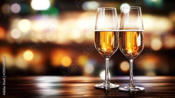 Obraz Two elegant champagne glasses on a wooden table, with a blurred festive background ambiance