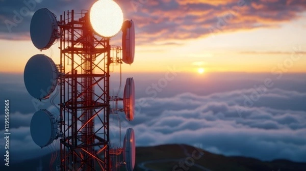 Obraz Sunset view of a telecommunications tower above the clouds, capturing a serene landscape
