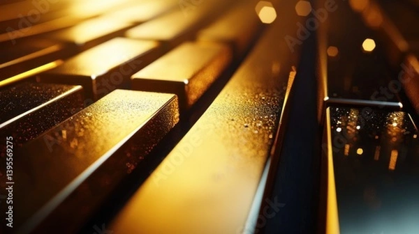 Obraz Close-up view of shiny gold bars arranged in parallel, illuminated by warm light, creating a luxurious atmosphere