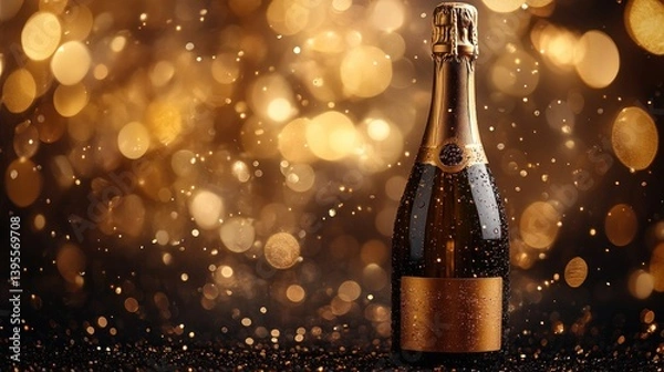 Obraz Sparkling champagne bottle against a shimmering golden bokeh background, perfect for celebrations