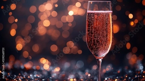 Obraz Sparkling pink beverage in elegant glass, festive background with shimmering lights