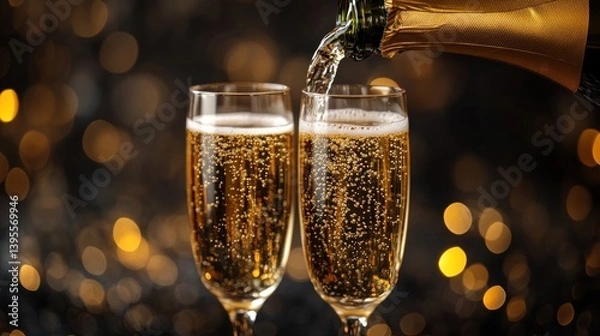 Fototapeta Two sparkling champagne glasses being filled against a blurred background of golden lights