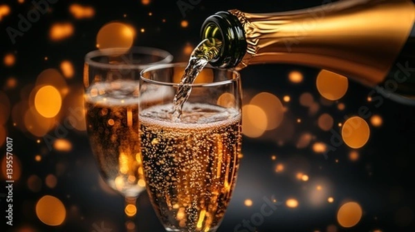Obraz Sparkling champagne being poured into glasses, with a festive bokeh background, perfect for celebrations