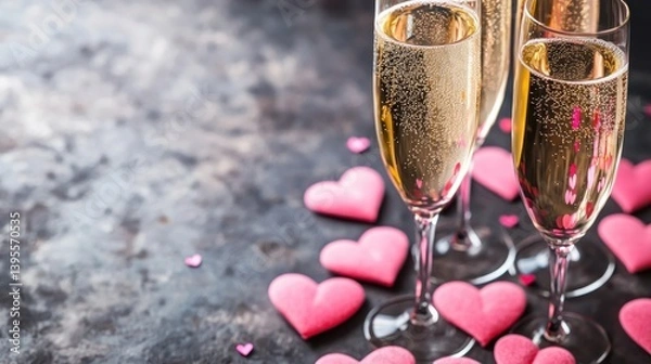 Obraz Romantic celebration with champagne glasses and pink heart-shaped candies on a textured surface