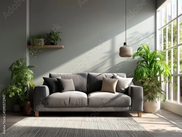 Fototapeta Minimalist Indoor Living Room with Gray Sofa and Green Plants