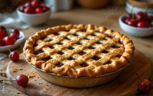 Fototapeta A freshly baked cherry pie with a golden lattice crust on a rustic wooden surface, surrounded by fresh cherries