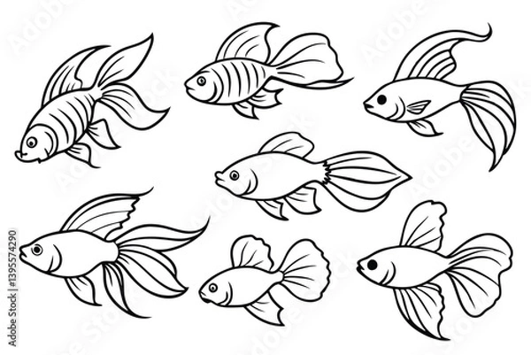 Fototapeta Set of fish line art