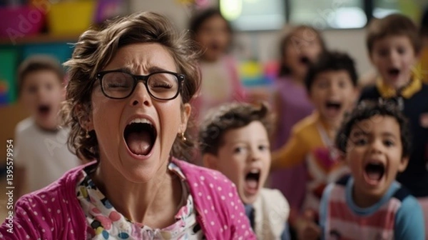 Fototapeta Teacher engaging with excited children in a classroom, showcasing joyful chaos and learning